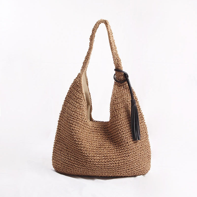 One Shoulder Large Capacity Straw Bag Woven Bag Casual Beach Bag Vacation Straw Bag One Shoulder Portable Office Women Bag Bella Mia